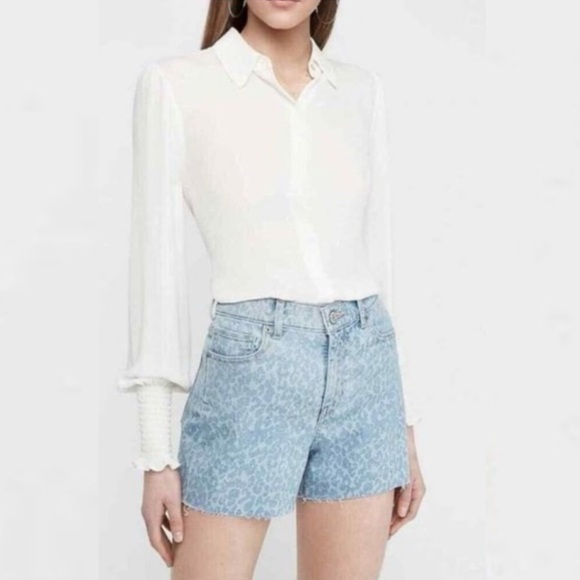 Express Midi High Rise Super High Waisted Laser Leopard Print Raw Edge Shorts 00 - Picture 1 of 7
